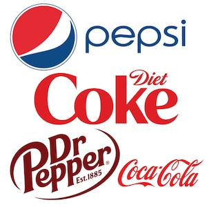 May include: Image featuring the logos of popular soft drink brands. The Pepsi logo is a red, white, and blue circular design. The Diet Coke and Coca-Cola logos are in red script. The Dr Pepper logo is in a burgundy script.