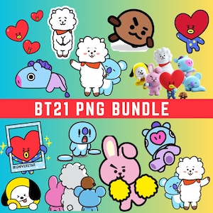 Puede incluir: Una colección digital de ilustraciones de personajes BT21 que incluye a RJ, Tata, Chimmy, Cooky, Shooky, Mang, Koya y Van en varias poses. El gráfico incluye una banda roja con el texto blanco BT21 PNG BUNDLE y un marco con #UNIVERSTAR.