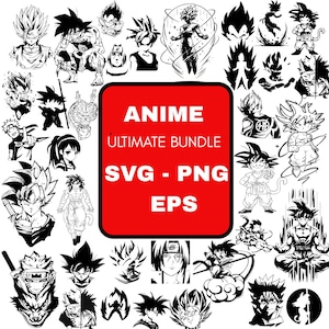 May include: A collection of black and white anime character illustrations. The image includes various characters and the text "ANIME ULTIMATE BUNDLE SVG - PNG - EPS" on a red background.