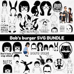 May include: A collection of black and white Bob's Burgers SVG cut files. The bundle includes various character illustrations, quotes, and phrases from the animated TV show. Text includes "I can smell fear on you" and "Bob's burger SVG bundle."