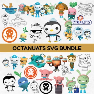 Op de afbeelding: Een verzameling Octonauts-thema SVG-afbeeldingen. De afbeelding toont verschillende stripfiguren, waaronder pinguïns, beren en konijnen, in verschillende poses en stijlen. De tekst "OCTANAUTS SVG BUNDLE" wordt prominent weergegeven.