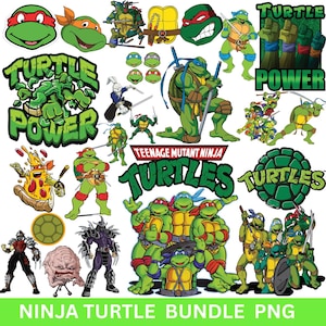 Peut inclure: Ensemble de graphiques des Tortues Ninja. Les images incluent des têtes de tortues individuelles, des poses d'action, le logo des Tortues et d'autres personnages. La palette de couleurs est dominée par le vert, le rouge, l'orange, le bleu et le violet.