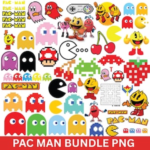 Puede incluir: Una colección de gráficos coloridos con temática de Pac-Man. Incluye personajes de Pac-Man, fantasmas, cerezas, una seta, un joystick y el texto "PAC MAN BUNDLE PNG".