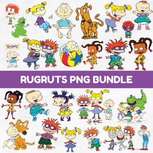 Puede incluir: Una colección de ilustraciones de personajes de dibujos animados coloridos de la serie animada Rugrats. Los personajes están en varias poses y atuendos, con el texto "RUGRUTS PNG BUNDLE" en una pancarta morada.