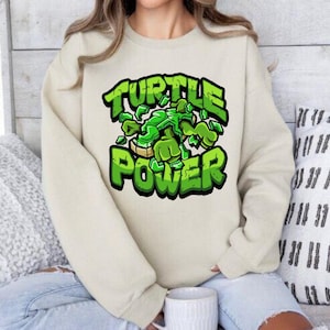 Pode incluir: Um moletom creme com um gr&aacute;fico verde de uma tartaruga e as palavras "TURTLE POWER" em negrito, verde. O design tem um estilo de desenho animado, com um efeito 3D. O moletom tem mangas compridas e gola redonda.