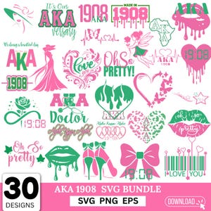 May include: A collection of 30 SVG designs in pink and green, featuring text and graphics related to AKA 1908. Includes hearts, lips, high heels, and the phrase "Oh So Pretty!" in a digital art style. The bundle is available in SVG, PNG, and EPS formats.