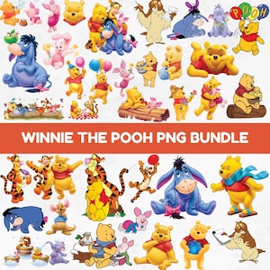 以下が含まれることがあります： 様々なポーズのくまのプーさんのキャラクターのコレクション。画像には、プー、ピグレット、ティガー、イーヨー、フクロウ、その他のキャラクターが含まれています。「WINNIE THE POOH PNG BUNDLE」というテキストが赤いバナーに表示されています。