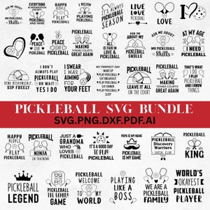 May include: A collection of pickleball-themed SVG designs. The image features various text-based graphics with phrases like "Pickleball Legend," "I Love Pickleball," and "Happy People Play Pickleball." The designs are in black and white.