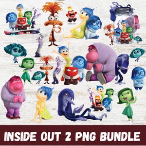 May include: A collection of colorful cartoon characters from the movie "Inside Out 2" in various poses. The characters include Joy, Sadness, Anger, Fear, and Disgust. The text "INSIDE OUT 2 PNG BUNDLE" is at the bottom.