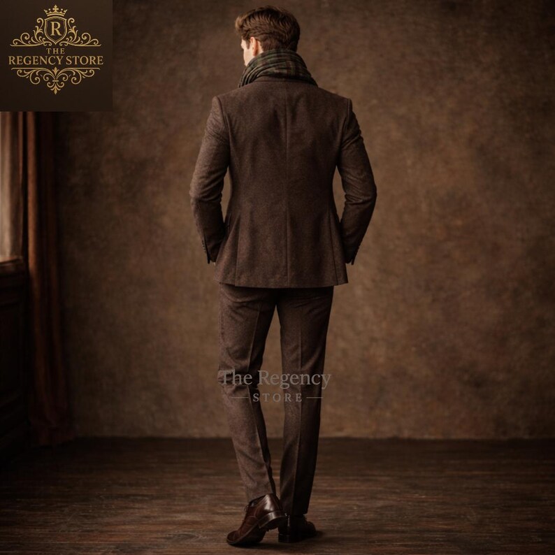 Men’s Brown-Tweed 3-Piece Suit, Vintage Gentleman Outfit, Regency Style Victorian Inspired Groom Wedding Outfit