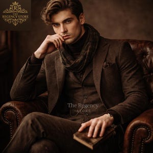 Men’s Brown-Tweed 3-Piece Suit, Vintage Gentleman Outfit, Regency Style Victorian Inspired Groom Wedding Outfit