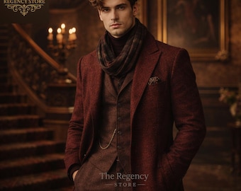 Men's Burgundy Regency Coat, Victorian Wool Overcoat, Vintage Style Historical Coat, Elegant Winter Costume