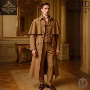 Beige Regency Garrick Herrenmantel - Inverness Cape Coat - Klassische viktorianische formelle, historische und zeitgenössische Kleidung