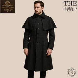 Mens Black Wool Inverness Cape Coat: Victorian Sherlock Holmes