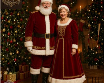 May include: A photograph of Santa Claus and Mrs. Claus, both in red velvet outfits with white faux fur trim. Santa wears a black belt and boots. Mrs. Claus wears a matching dress and hat. The background features Christmas trees and festive decorations.