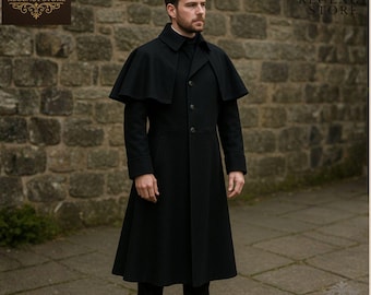 Men's Black Inverness Cape Coat | Victorian Ulster Overcoat | Sherlock Holmes Wool Cloak | Regency Greatcoat