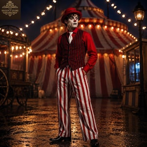 May include: A clown costume featuring a red long-sleeved shirt, a black and red striped vest with a white tie, and red and white vertically striped trousers. The outfit includes a red bowler hat and white face makeup with a red nose.