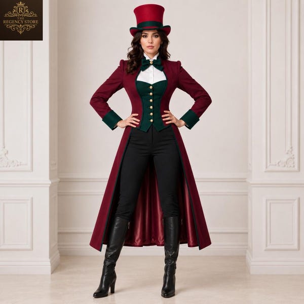 Slipjas dames circusdirecteur, bordeauxrode victoriaanse jas, outfit circusmeester, steampunk halloween-cosplayjack