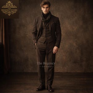 Men’s Brown-Tweed 3-Piece Suit, Vintage Gentleman Outfit, Regency Style Victorian Inspired Groom Wedding Outfit