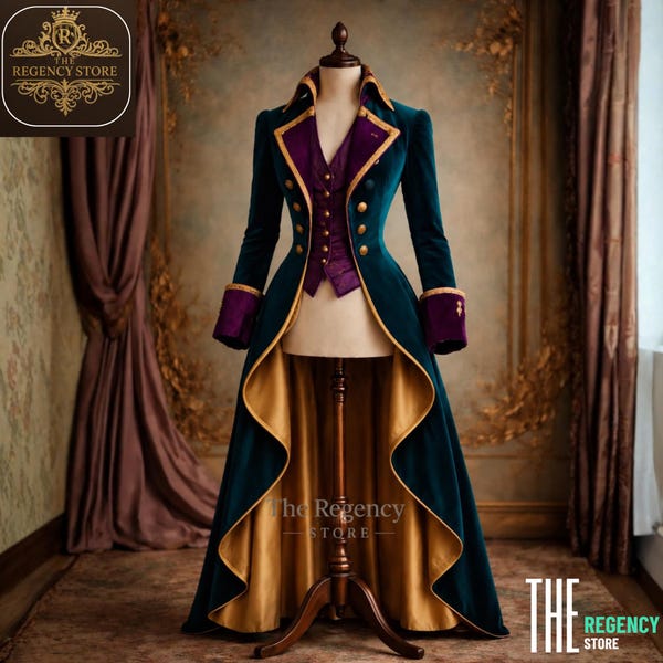 Viktorianischer Regency-Frack & Weste für Damen – Smaragdgrünes Kleid, Historisches Ballkleid-Mantel, Steampunk-Renaissance-Kostüm