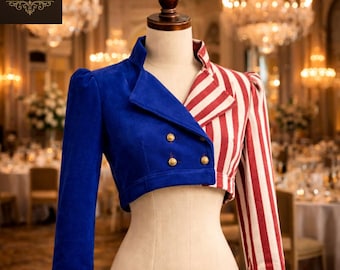 Women's 4th July Patriotic Jacket – Red-White-Blue American Independence Outfit – USA Flag Crop Military Jacket