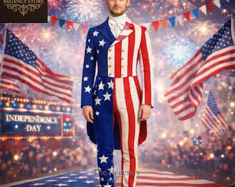 Men’s Patriotic Tailcoat – 4th of July American Flag Outfit – Red-White-Blue Independence Day Parade Costume