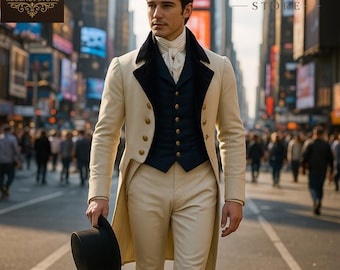 Peut inclure: Un costume de style Régence crème avec un gilet bleu marine et des boutons dorés. L'homme sur l'image tient un chapeau haut de forme noir. Le logo The Regency Store est dans le coin supérieur gauche, et le nom du magasin est en haut à droite.