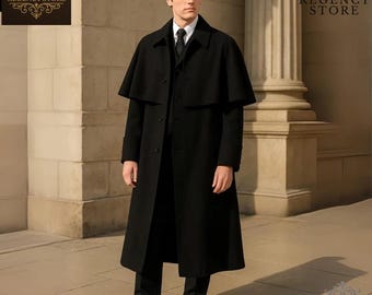 May include: A black wool coat with a cape, worn over a black suit and tie. The Regency Store logo is in the upper left and right corners. The coat is knee-length and has a classic, tailored design.