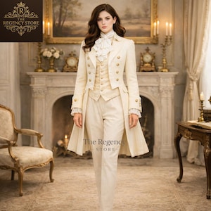 May include: Cream-colored, three-piece suit with a long coat, vest, and trousers. The coat features gold buttons and lace cuffs. The Regency Store logo is visible at the bottom.