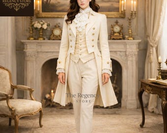 Women’s Cream Victorian Regency Tailcoat,  Wedding Guest Outfit, Historical Riding Coat, Dark Academia Outfit