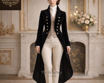 Women’s Black Velvet Tailcoat Suit, Victorian Regency Formal Coat, Ladies Historical Evening Tuxedo Outfit