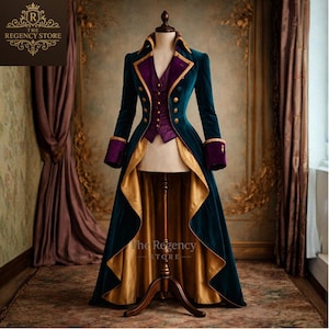 May include: A teal velvet coat with gold trim and buttons, displayed on a mannequin. The coat features a purple vest and cuffs, and a gold-lined skirt. The Regency Store logo is visible in the upper left corner.