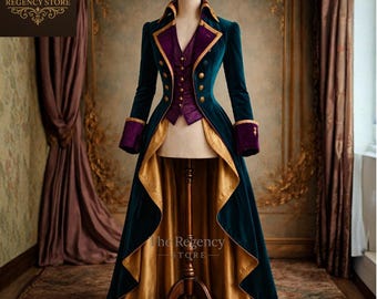 Women's Victorian Regency Tailcoat & Vest – Emerald-Green  Dress, Historical Ball Gown Coat, Steampunk Renaissance Costume