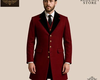 May include: A burgundy overcoat with a black velvet collar and gold buttons. The coat has a tailored fit and is part of The Regency Store collection. The Regency Store logo is visible in the top left and bottom right corners.