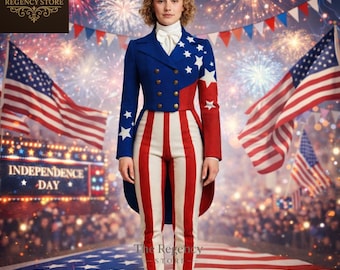 Women’s Patriotic Regency Tailcoat Outfit – 4th July American Flag Suit – Independence Day Parade Costume
