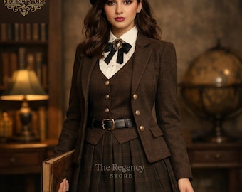 May include: A brown tweed blazer, vest, and pleated skirt set. The blazer has gold buttons and a black belt cinches the waist. A black bow and a white collared shirt are visible. The Regency Store logo is at the bottom.