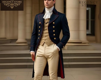 May include: A navy blue Regency-era coat with gold buttons and red trim, paired with a tan vest and trousers. The coat features a high collar and long sleeves. The Regency Store logo is in the upper left corner.