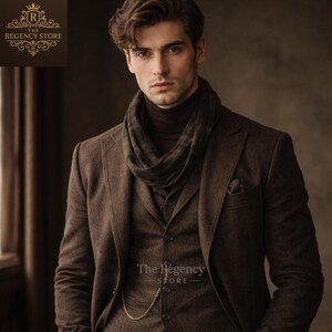 Men’s Brown-Tweed 3-Piece Suit, Vintage Gentleman Outfit, Regency Style Victorian Inspired Groom Wedding Outfit