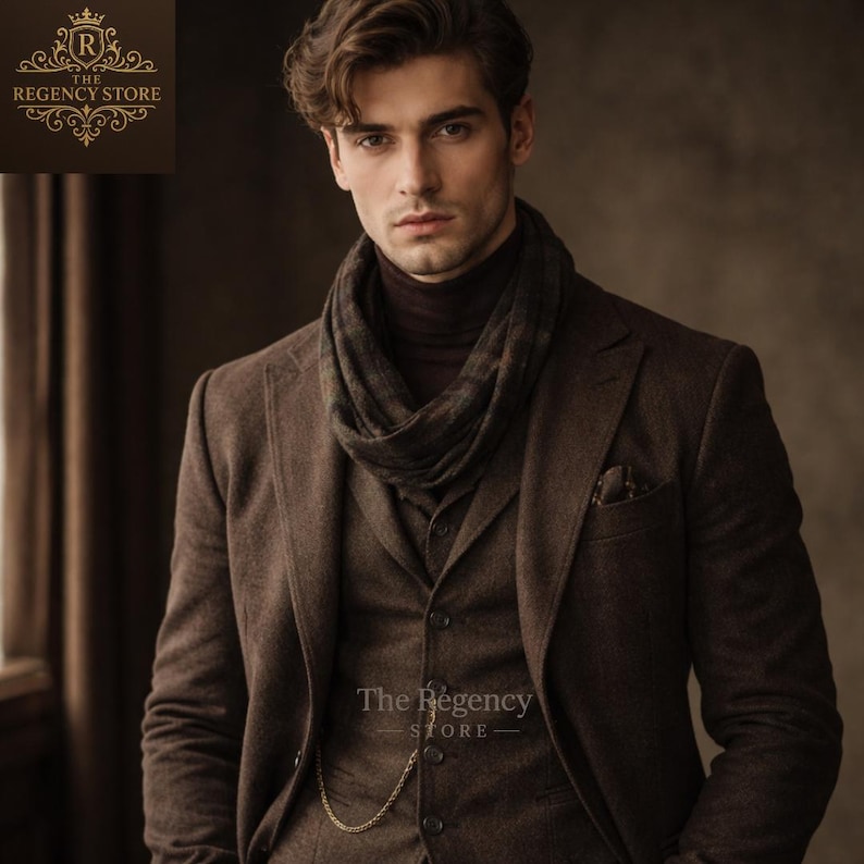 Men’s Brown-Tweed 3-Piece Suit, Vintage Gentleman Outfit, Regency Style Victorian Inspired Groom Wedding Outfit