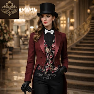 May include: A burgundy tailcoat suit with a black top hat, bow tie, and floral vest. The suit features a double-breasted design and is paired with black pants and gloves. The Regency Store logo is visible.