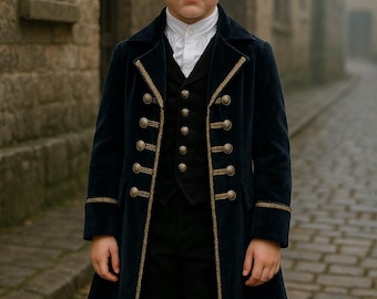 May include: A young person wearing a navy blue velvet coat with gold trim and buttons, a black vest, and black pants. The coat has a double-breasted design. The person is standing on a cobblestone street.