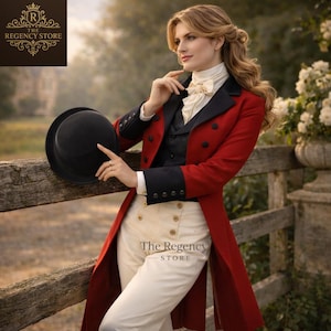 May include: A red and black long coat with a black top hat. The coat has black cuffs and buttons, paired with cream-coloured trousers. The Regency Store logo is visible on the trousers. The outfit is reminiscent of historical attire.