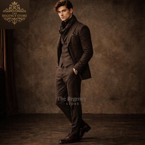 Men’s Brown-Tweed 3-Piece Suit, Vintage Gentleman Outfit, Regency Style Victorian Inspired Groom Wedding Outfit