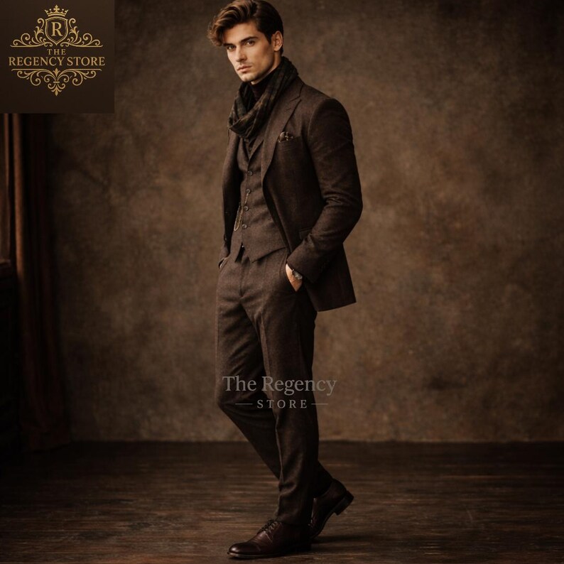 Men’s Brown-Tweed 3-Piece Suit, Vintage Gentleman Outfit, Regency Style Victorian Inspired Groom Wedding Outfit