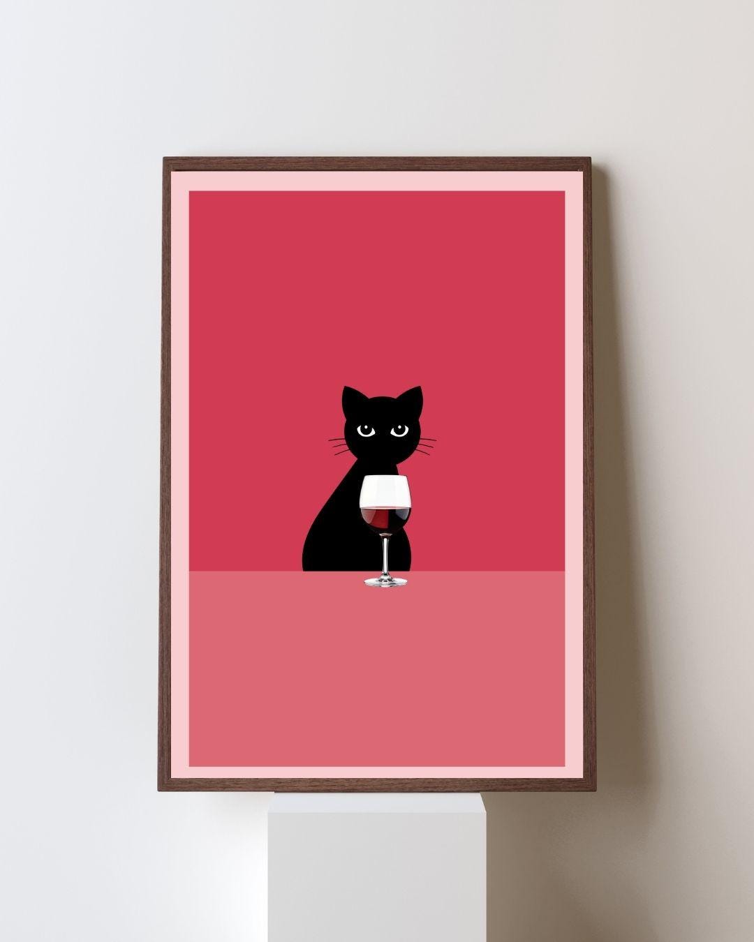 Black Cat Wine Poster | Pink Aesthetic Wall Art | Cute Cat Illustration ...