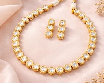 Kundan halsbandsset med Meenakari i ryggen, indiskt brudsmyckeset, 18k guldpläterad Kundan choker med örhängen, etniskt uttalandehalsband