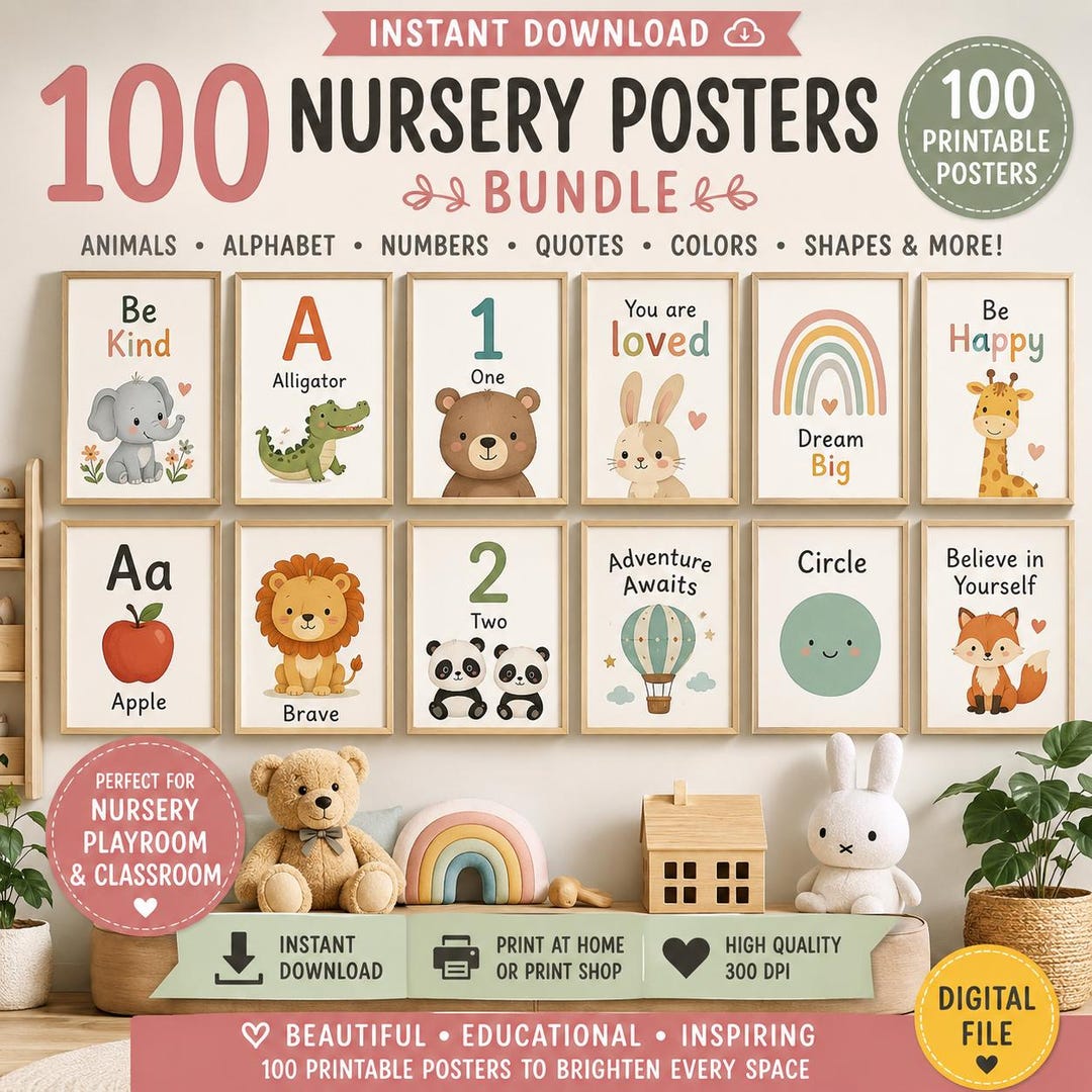 100 Nursery Posters Bundle Printable Wall Art | Kids Room Decor Animal ...