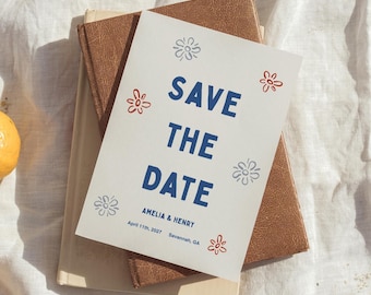 Minimal Floral Save the Date Template - Hand-Drawn Flower Design, Spring Wedding Announcement | WD14
