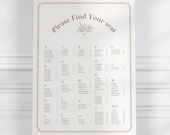 Alphabetical Wedding Seating Chart Template — Modern Find Your Seat Sign, Minimal Seating Sign (Digital Download) | WD03