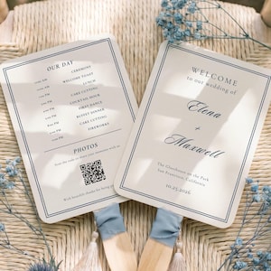 Modello di ventaglio per programma di matrimonio - Ventaglio minimalista blu navy per l'ordine degli eventi, programma della cerimonia stampabile con codice QR / WD01